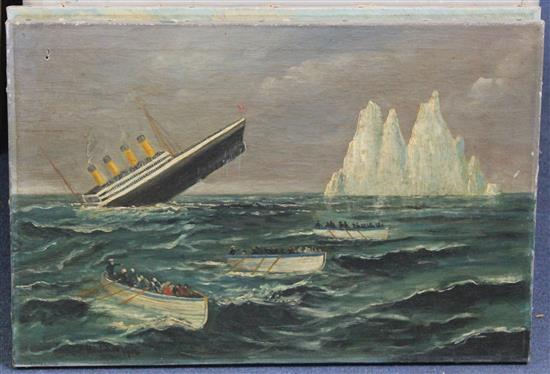 T.H. John RMS Titanic before and after striking the iceberg, 16 x 24in., unframed